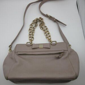 Kate Spade Purse Pebbled Leather Gray Beige Bow Shoulder Strap Chain Handles Bag